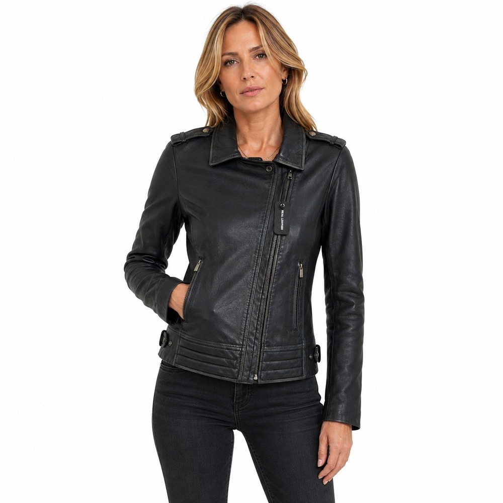 Barneys Originals Sheep Leather Biker Jacket 14 Black Moto Distressed Baddie